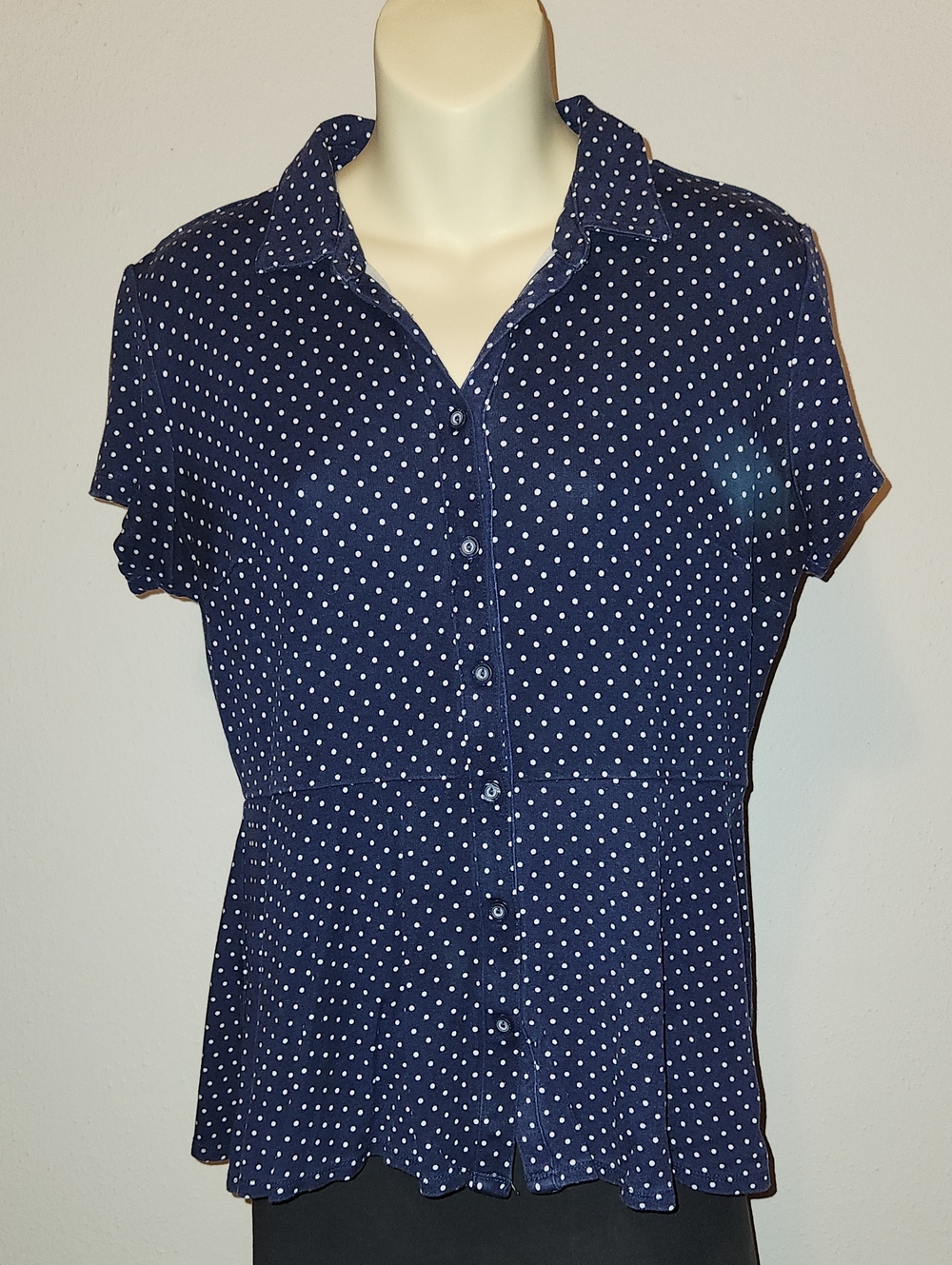 Isaac Mizrahi Navy and White Polka Dot Button-Down Blouse